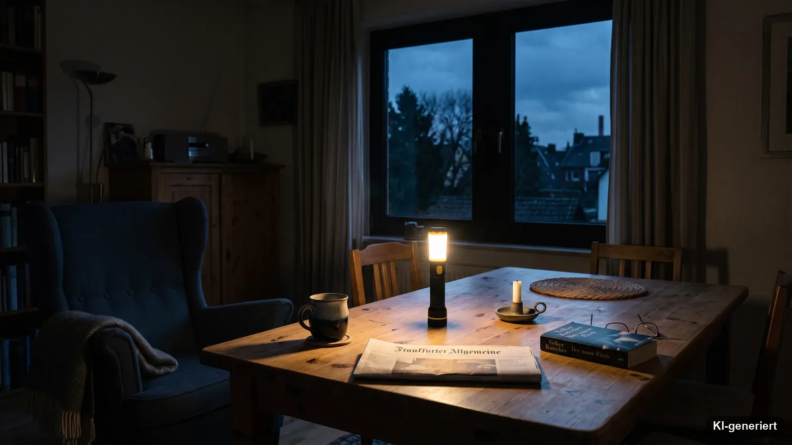 Wohnzimmer bei Stromausfall in der Dämmerung, batteriebetriebene Leuchte auf dem Tisch